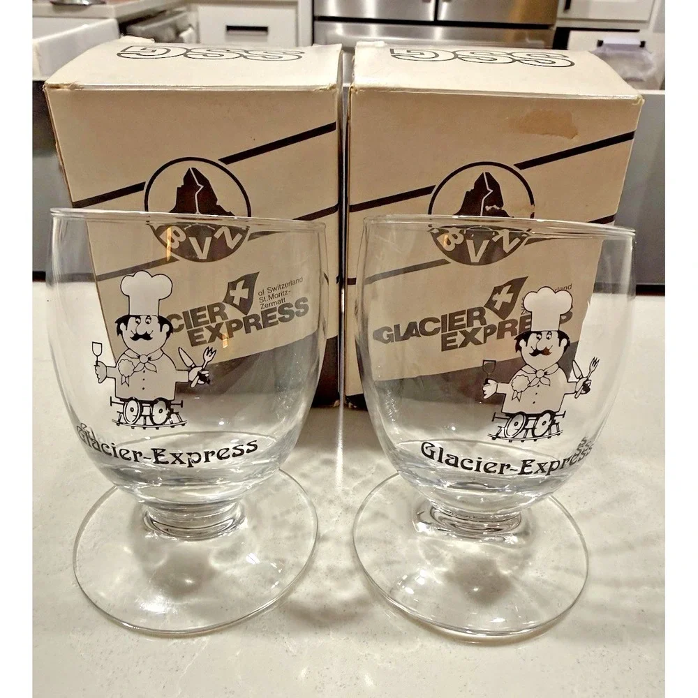 Glacier Express Swiss Train Slanted Wine Glass  Original Box‎ Set of 2 Vintage